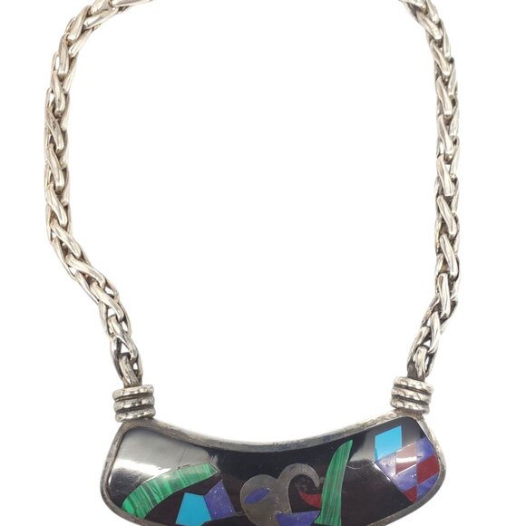 Taxco Mexico Sterling Silver Multi-Colored Inlay Necklace #22585 - Picture 9 of 11